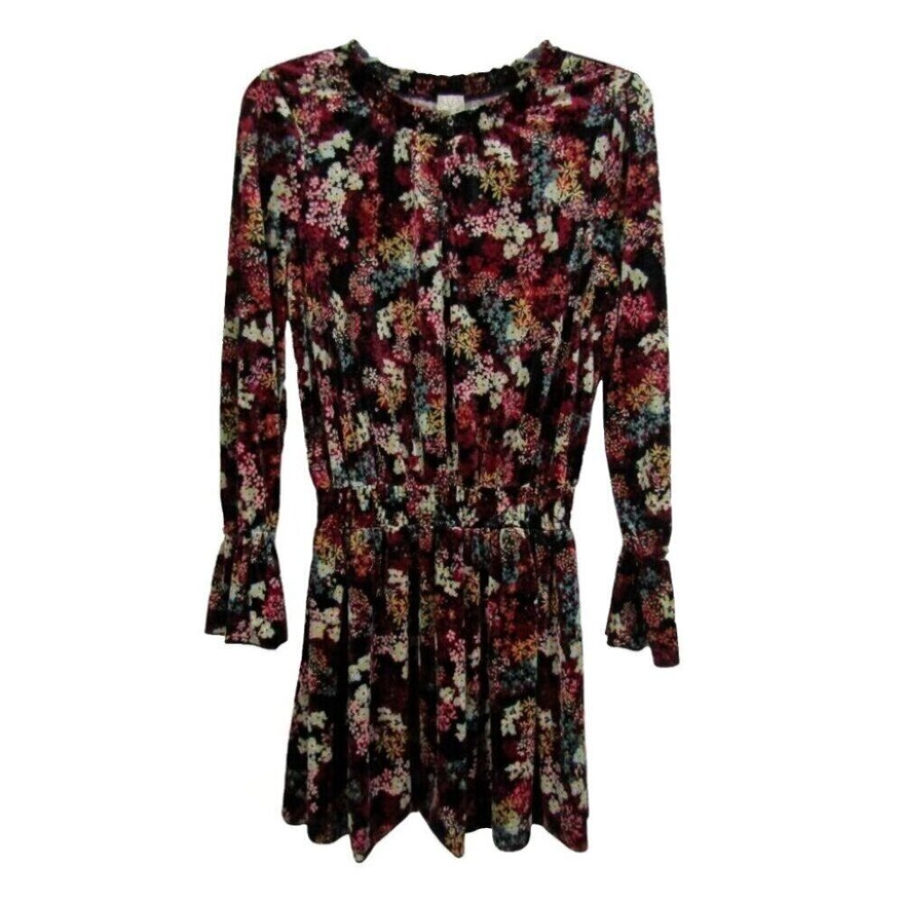 Ella Moss Black Pink Floral Velvet Dress Big Girls Size 16 Long Sleeve Popover